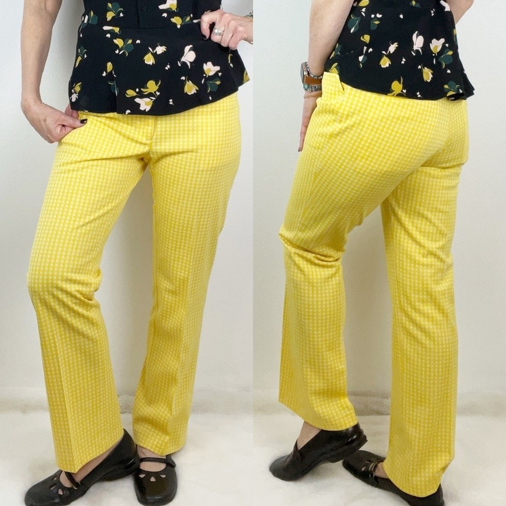 Vintage Women's M Pants Trousers Yellow Gingham 70s Mod Revival Retro Chic MCM - Picture 5 of 12